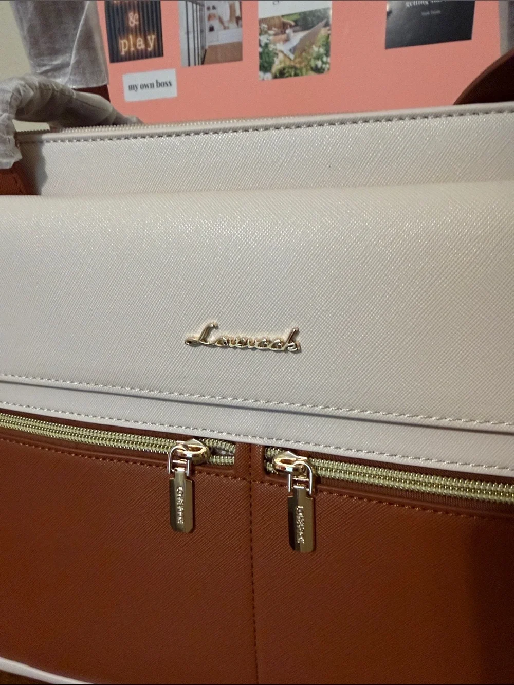 Two-Tone Cream and Brown Laptop Tote with Front Zip Pocket